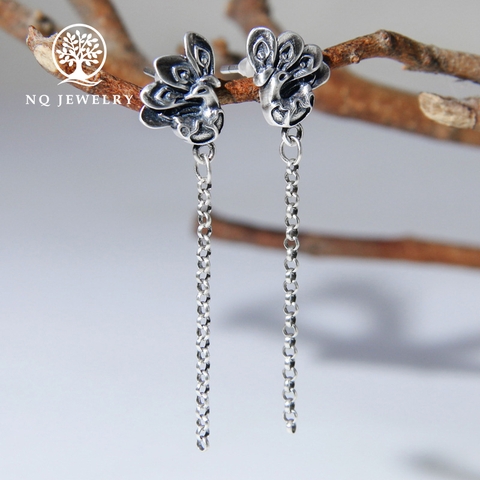 Charm bạc dây bông tai chim công