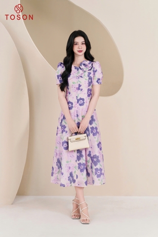 43919H95 - Đầm tơ xòe hoa, cổ đính bông hoa