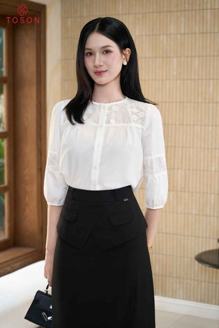 11166W96 - Áo thô lụa trắng dài tay phối hoa thêu