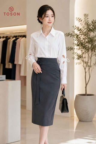 37063G96 - Chân váy ôm ghi chì cạp đính hoa nơ