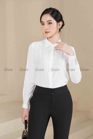 12330W01- Áo sơ mi thô đũi trắng cổ đức dài tay, nẹp xếp nơ.
