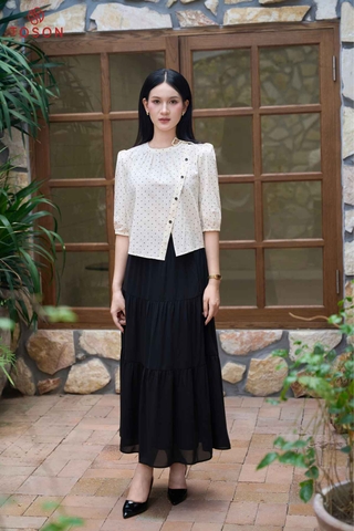 13155 - Áo tà lệnh đính cúc, thô lụa chấm bi
