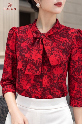 14129D36 - Áo hoa hồng silk cổ buộc nơ