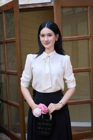 14176 - Áo tơ vân tencel, cổ cách điệu nơ