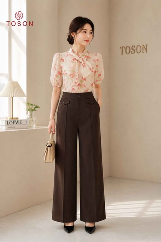 14887H66 - Áo silk hoa cổ tạo nơ (SXTN)