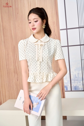 11004J66 - Áo đũi kem chấm bi cổ sam đính nơ