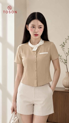 19144N66 - Áo nâu sữa đờ mi cổ nơ - gai hàn