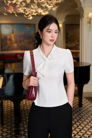 19140W96 - Áo ký giả trắng đũi nhật, cổ tạo nơ