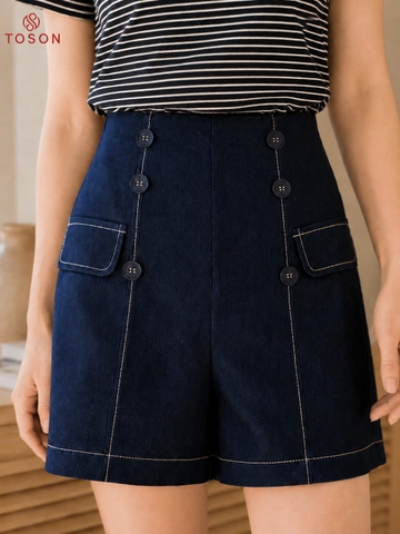 27006T06 - Quần soóc denim xanh than diễu chỉ trắng