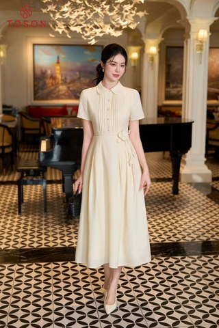 43145E66 - Đầm linen kem cổ đức,eo thắt đai hoa