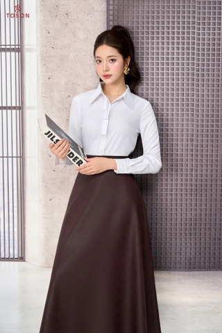 12144W06 - Áo cổ đức thô trắng dài tay xếp nơ