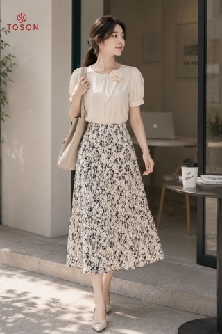 33034 - Chân váy xoè cạp chun, đũi in hoa nhí