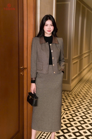 B8311K95 - Bộ umi kẻ phối da (Áo vest + CV)