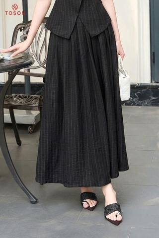 31B79K96 - Chân váy xòe linen đen kẻ