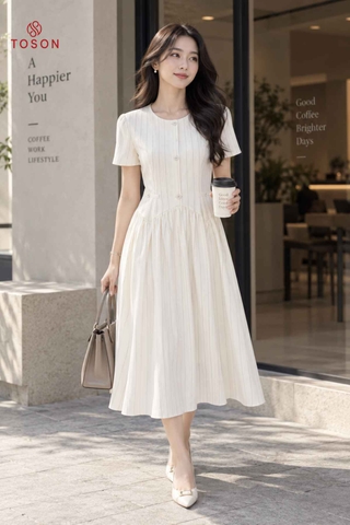 43057E96 - Đầm linen kem kẻ nhỏ cổ tròn
