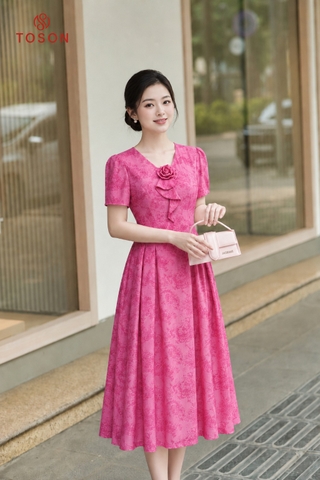 43134P66 - Đầm xòe lụa hồng họa tiết