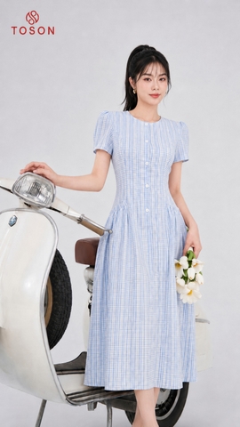 43148K96 - Đầm xòe thô đũi kẻ xanh