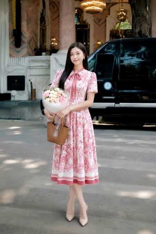 43176 - Đầm xòe lụa kẻ cổ nơ