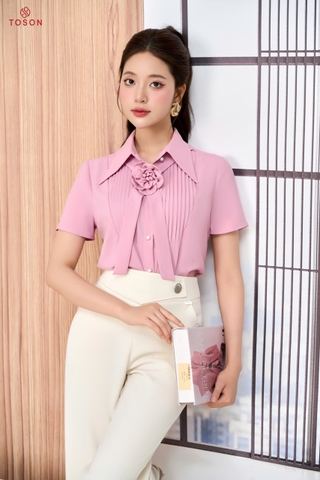 12216P96 - Áo thô lụa hồng nơ cài hoa