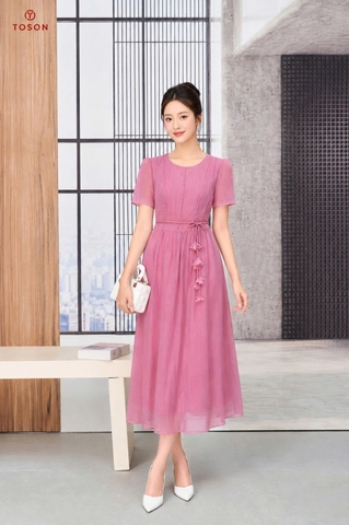44168 - Đầm xòe tơ, eo thắt dây đính hoa