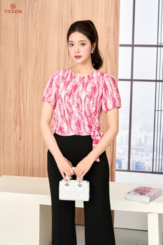 14059P95 - Áo hồng silk kẻ, buộc nơ eo