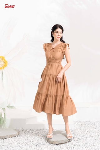 48106N82 - Đầm lụa be nâu sát nách, dáng xòe, can eo xếp nhún (Limitted).