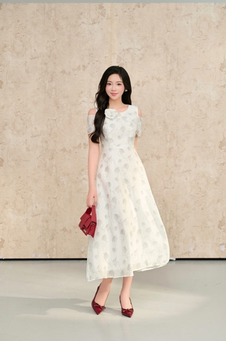 49069W95 - Đầm xòe tơ trắng in hoa