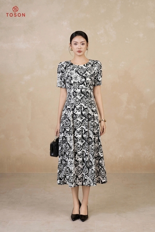 41001 - Đầm xoè xếp ly lụa silk hoạ tiết