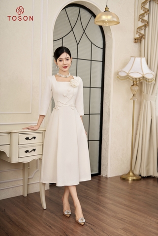 43969W23 - Đầm tweet trắng kem dáng xòe dài đính hoa SXTN..