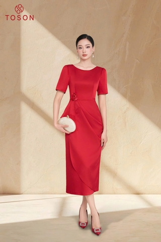 49529D54 - Đầm lụa tiệc đỏ tà bong đính hoa TT