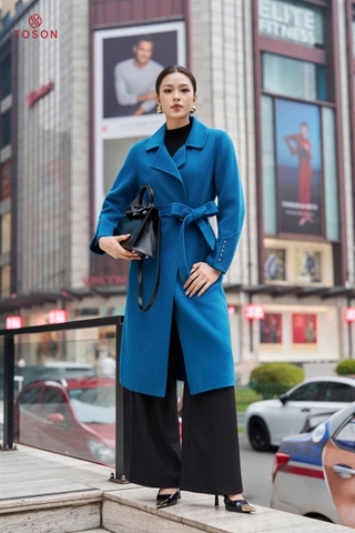 99001X34 - Áo dạ lông cừu xanh dài tay đính, thắt đai eo