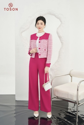 S8261P14 - Bộ text hồng sen: Vest phối hồng + quần ống rộng