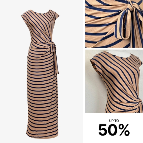 DP001K35 - Đầm cotton kẻ nâu 2 lớp xếp ly eo