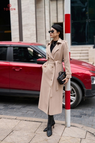 92002 - Măng tô dài dạ pha lê be nâu, thắt đai eo