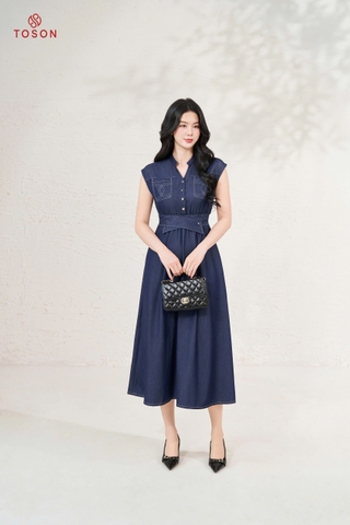 JDK06X65 - Đầm denim xanh eo chun tà bong chéo
