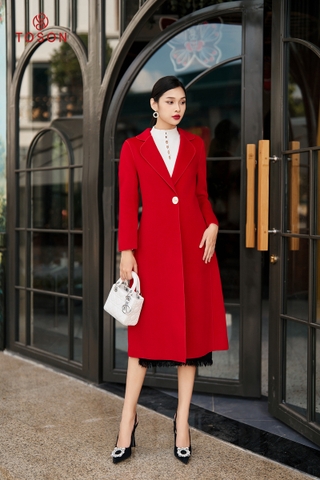99007D34 - Áo dạ lông cừu đỏ dáng dài, cổ K cài 1 khuy