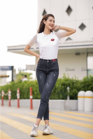 AP019W81- T shirt trắng tay phối ren chạy smocking xếp nhúm cửa tay.