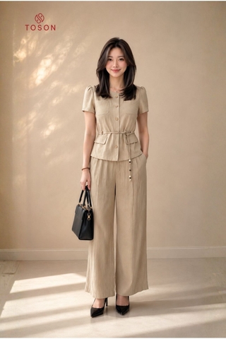 B1275N66 - Bộ linen kem sữa: Áo buộc eo + Q suông