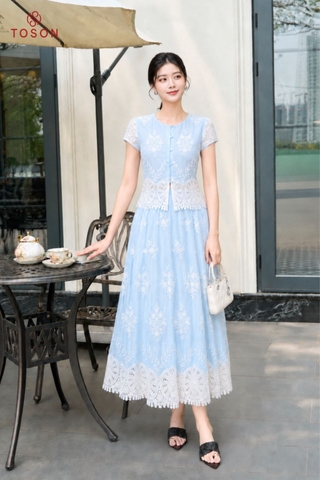 B1342 - Bộ thô boi thêu dệt chân ren: Áo + C.Váy xòe