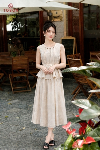 B1386 - Bộ linen: Áo xếp ly luồn hạt+ C.váy xòe