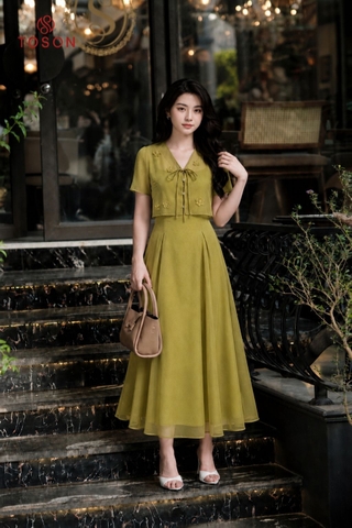 43180 - Đầm xòe tơ nâu mix áo khoác đính hoa thêu