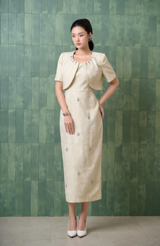 49308V75 - Đầm tiệc text vàng + áo lửng trùm vai