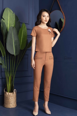 B1221E330 - Bộ công sở cafe cháy, áo suông eo đính hoa  + quần ôm.