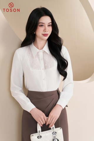 12117W96 - Áo tơ trắng 2 lớp cổ đức đính hoa