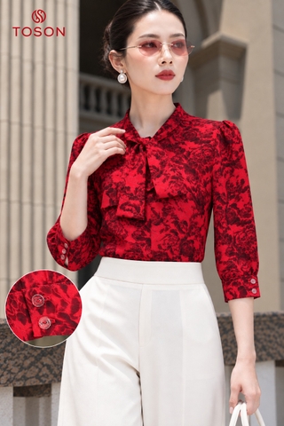 14129D36 - Áo hoa hồng silk cổ buộc nơ