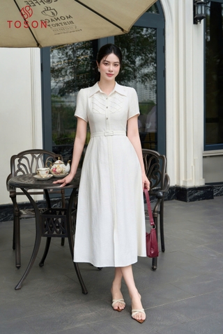 43156E96 - Đầm linen trắng phẩy,cổ đức bấu mí