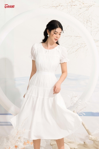 42096W52 - Đầm lụa trắng cộc tay. dáng dài nhún tầng.