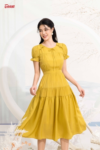 42096V52 - Đầm lụa vàng cốm cộc tay, dáng dài nhún tầng.