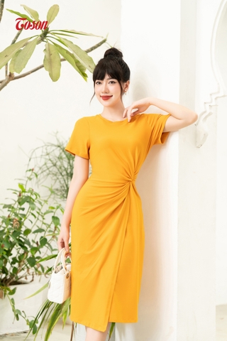 DP001V83 - Đầm cotton vàng honey, tay cộc xoắn eo lệch Limitted..