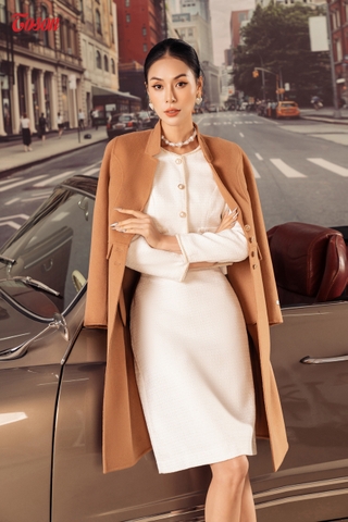 99990E52 - Áo dạ lông cừu nâu bò, dáng dài cổ leo